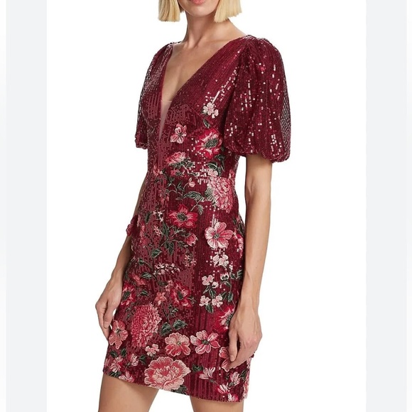 Marchesa Notte Burgundy Sequin Floral Embroidered Cocktail Mini Dress Size 4 NWT - Picture 8 of 16